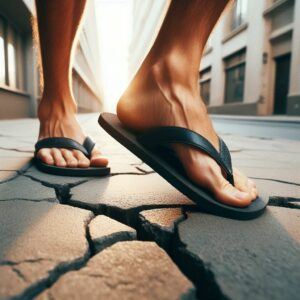 Feet in flipflops walking on a sidewalk