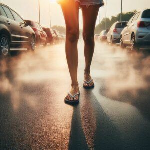 feet with flip flops walking across hot parking lot surface